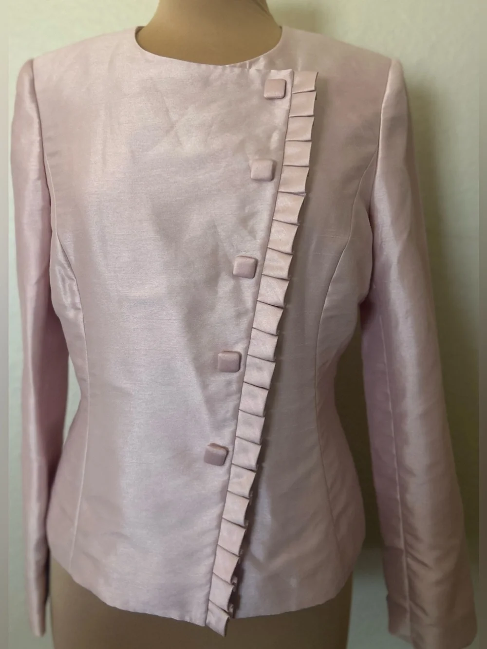 Tahari ASL Light Pink Ruffle-Trim Satin Blazer
